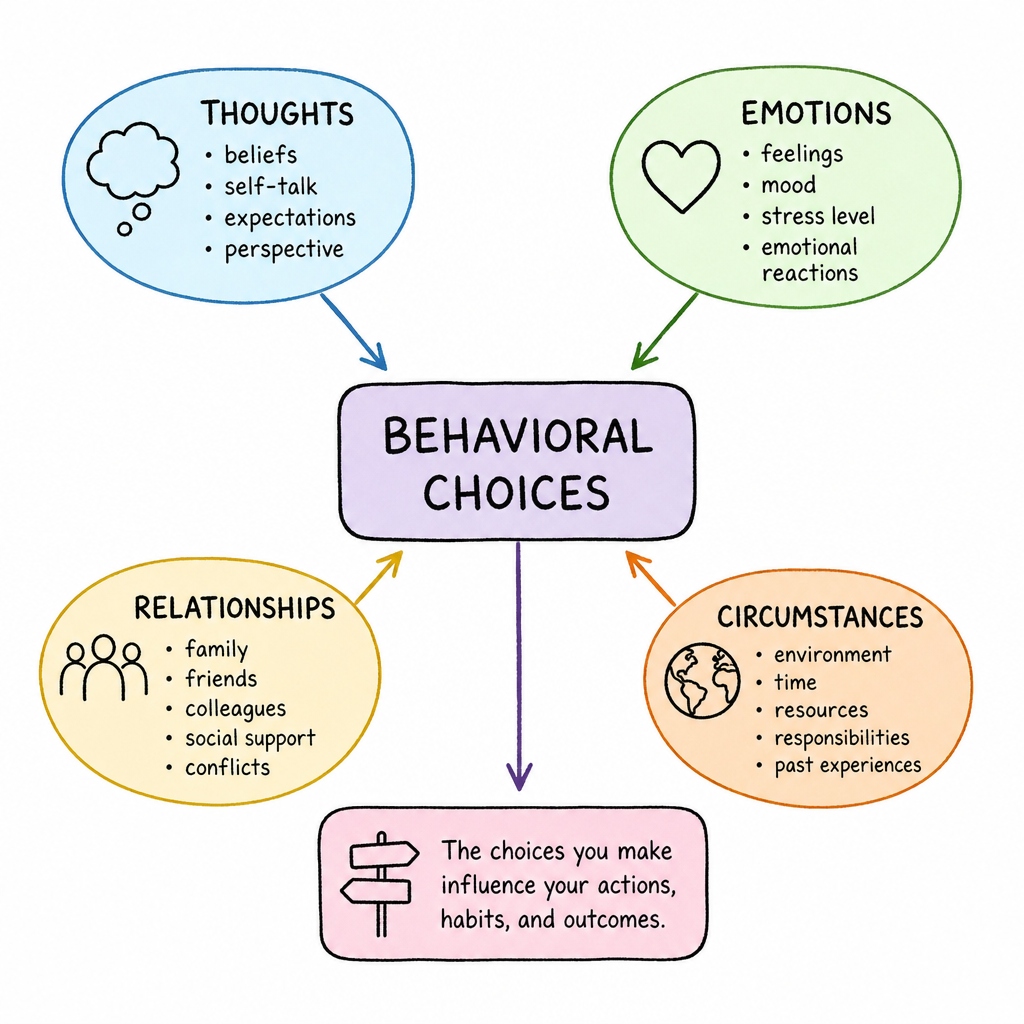 Diagram connecting thoughts, emotions, relationships, and circumstances to behavioral choices
